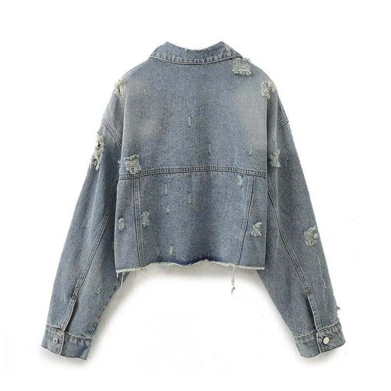 ANJY Spring Autumn New Women Fashion Ripped Raw Edge Patchwork Short Denim Jackets Washed Retro Splash-ink Straight Jeans A25413
