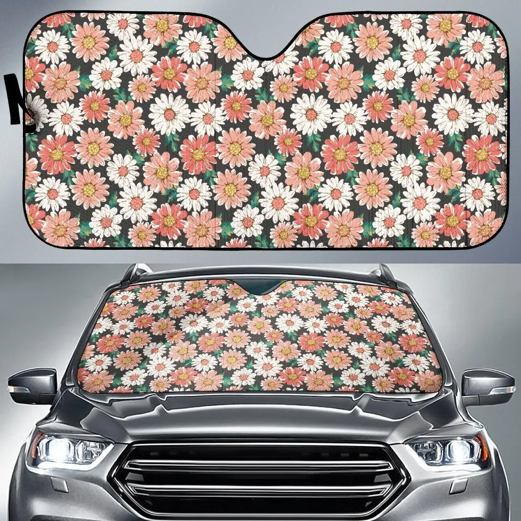 Cute White Pink Daisy Pattern Print Auto Sun Shade Car Windshield Window Cover Sunshade