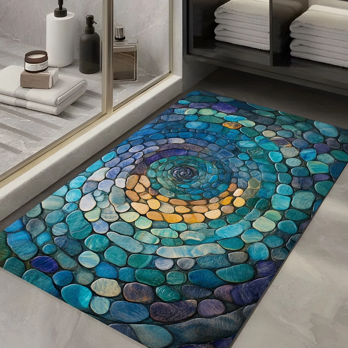 Abstract Blue Spiral Mosaic Rug – Non-slip Mat for Entryway Kitchen Living Room Patio Café, Great Gift