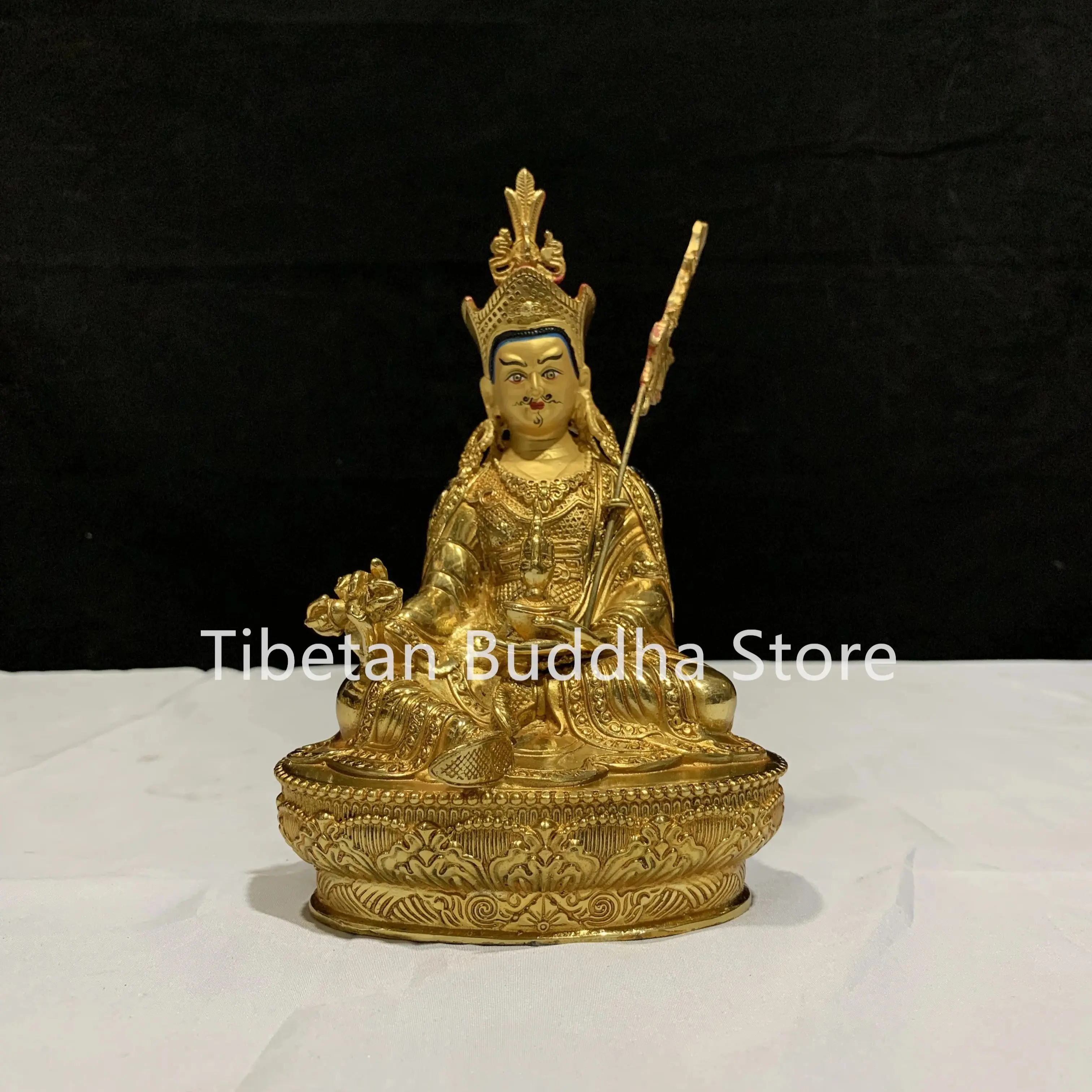 

21cm Xizang Crafts Tibetan Tantric Pure Copper Gilded Lotus Peanut Master Buddha Ornaments