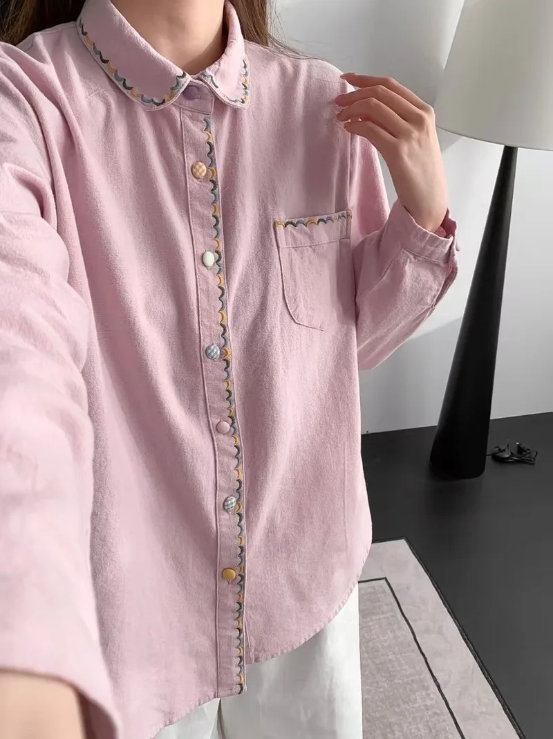 Novo 2026 primavera algodão camisa de manga longa, feminino turn-down colarinho bordado, mori menina estilo preppy chique blusa solta t5d884cc