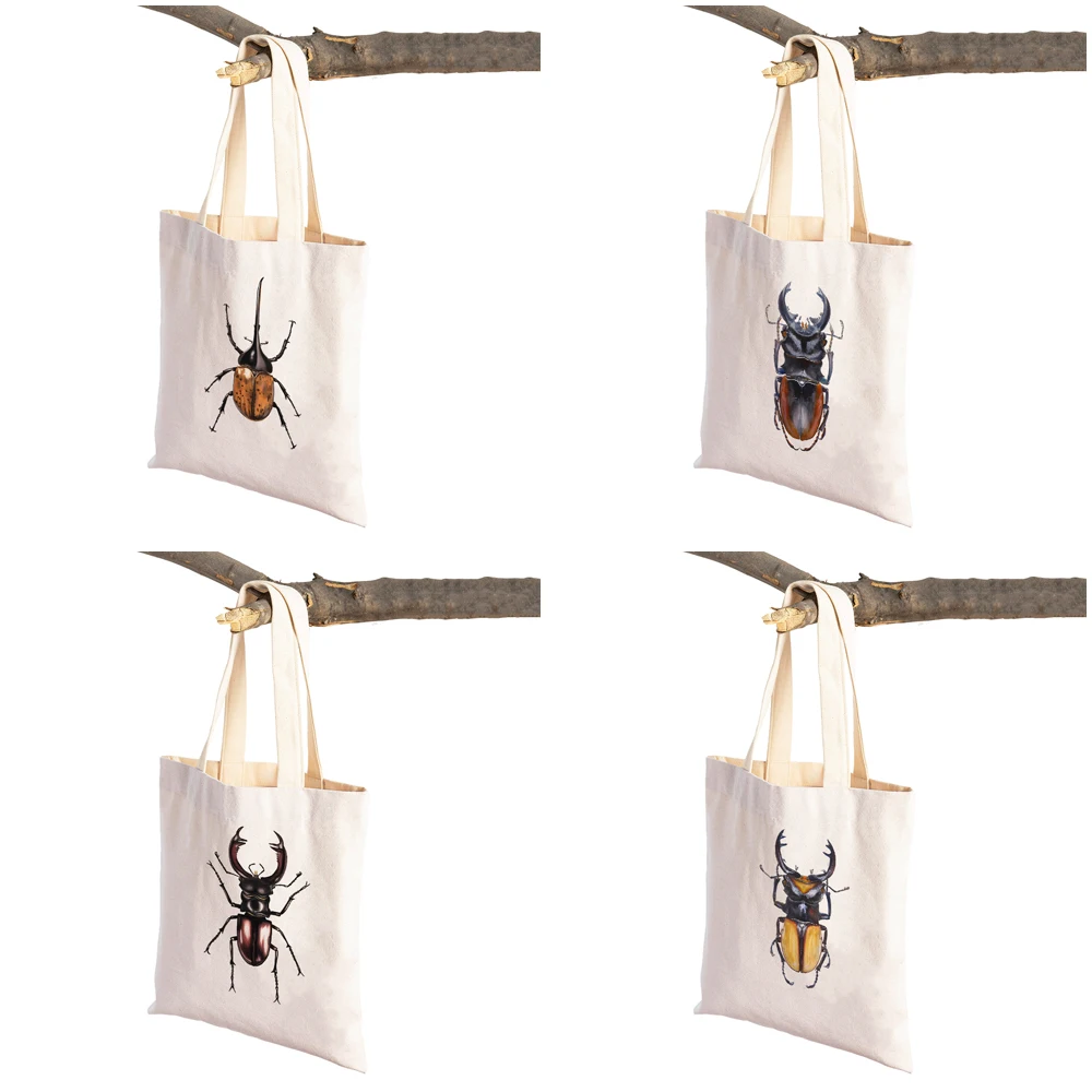 Insect Beetle Collection Casual Women Shopping Bags Cartoon Animal Cloth Both Sided Canvas Supermarket Shopper Bag Tote Handbag