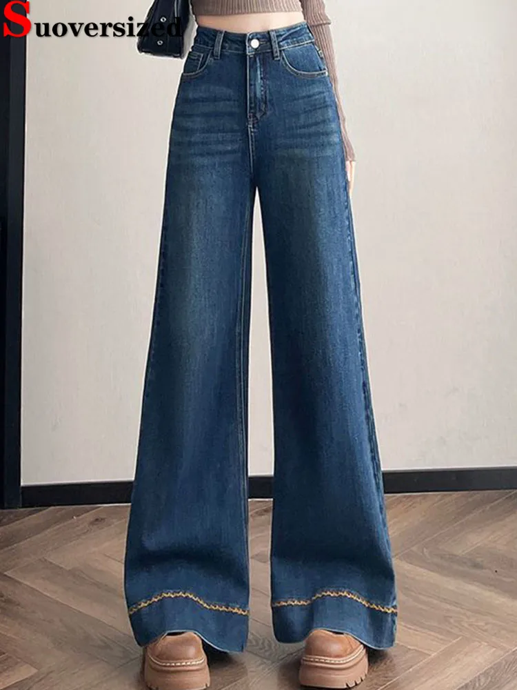 

Весенне-осенние свободные винтажные джинсы, корейские модные широкие джинсовые брюки с высокой талией, женские повседневные уличные эластичные мешковатые брюки Vaqueros