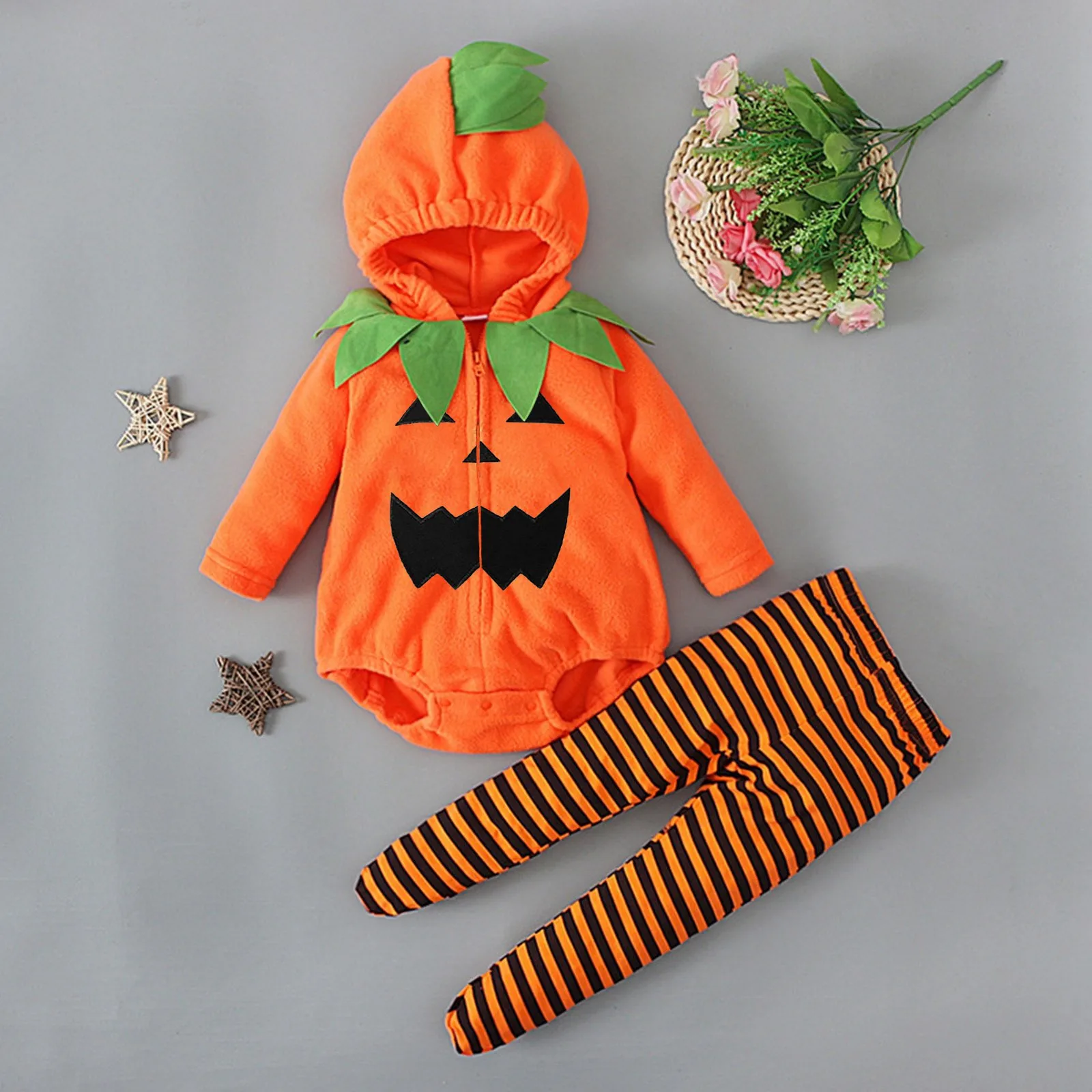 Newborn Infant Baby Girls Boys Halloween  Pumpkin Clothes Sets Long Sleeve Fleece Zipper Hooded Romper Jacket Tops Boy Clothes