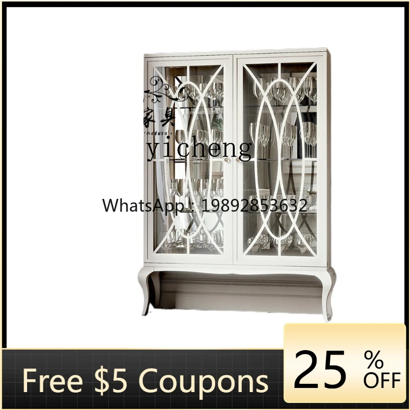 

TQH solid wood glass wine cabinet French white retro dining side cabinet display cabinet living room furniture