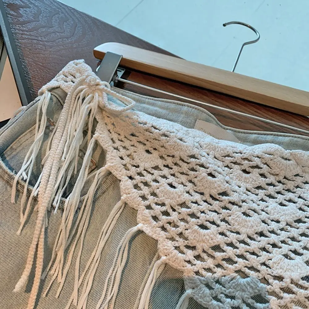 

Bohemian Tassel Knitted Triangle Scarf Countryside Style Exotic Crochet Flower Scarves Cape Clothes Decoration Waist Scarf