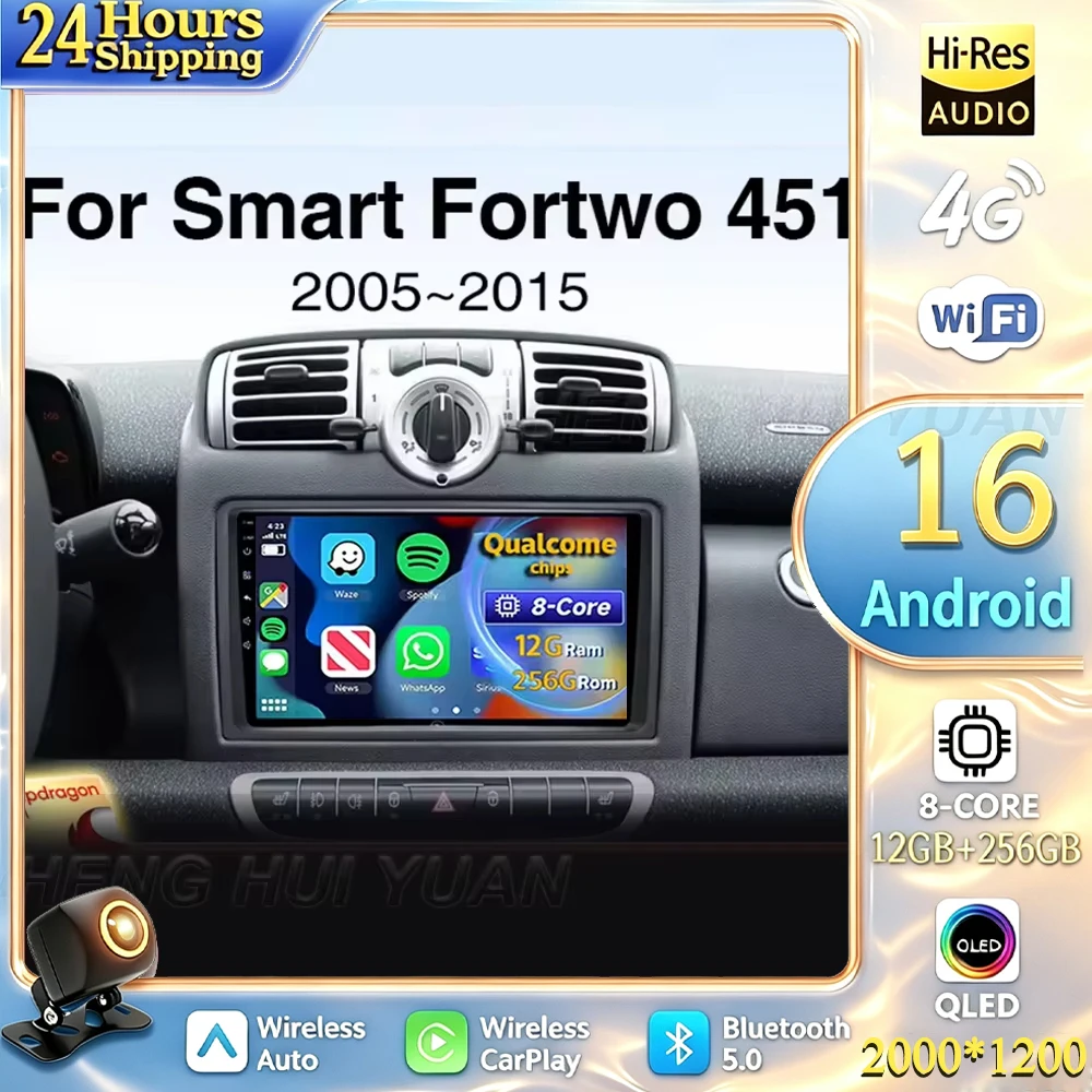 For Mercedes Benz Smart Fortwo 451 2005 - 2010 Android 16 Car Radio Multimedia Player Android Auto Carplay Head Unit Navigation