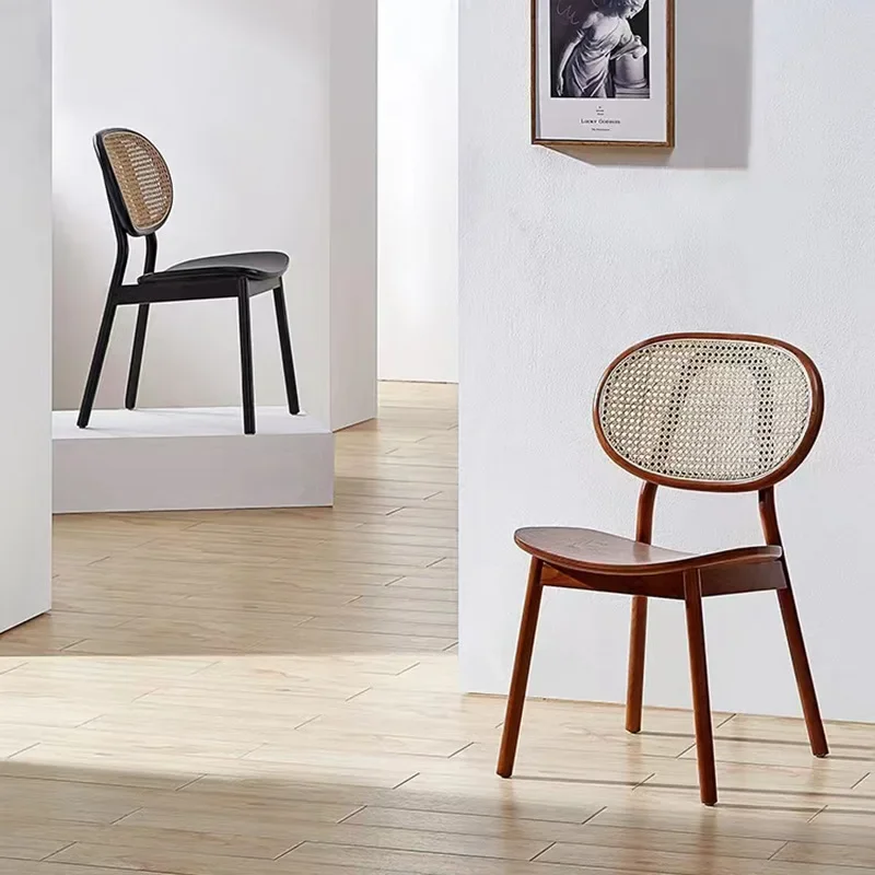 Nordic solid wood rattan chair, cafe milk tea shop dessert shop solid wood dining chair, round back outdoor leisure chair