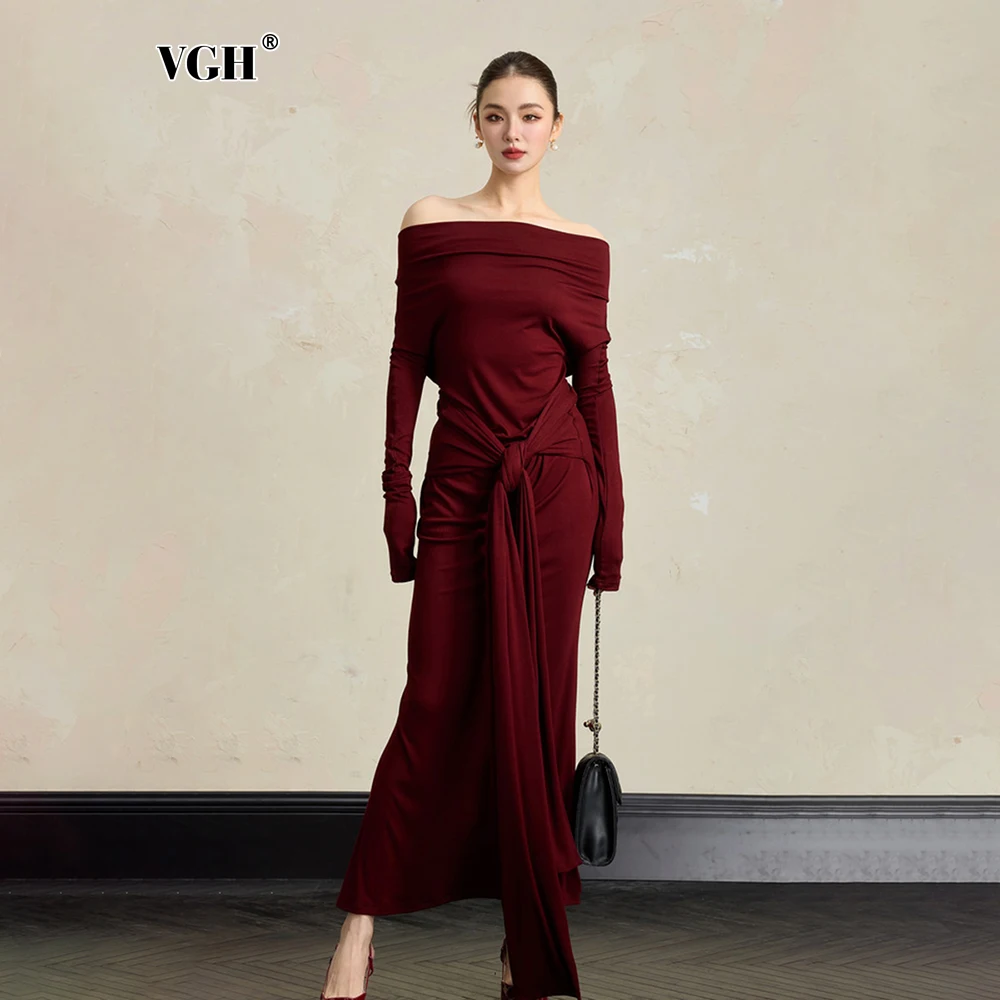 

VGH Solid Elegant Slim Dresses For Women Slash Neck Long Off The Shoulder Sleeve High Waist Spliced Lace Up Long Dresss Female