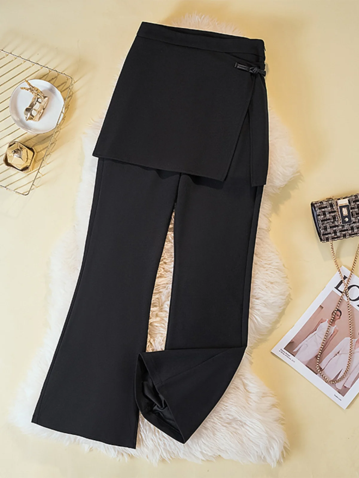 Black Apron Pants Women's Spring Autumn High Waist Bell Bottom Casual Pants Asymmetrical Design Comfortable Soft Material