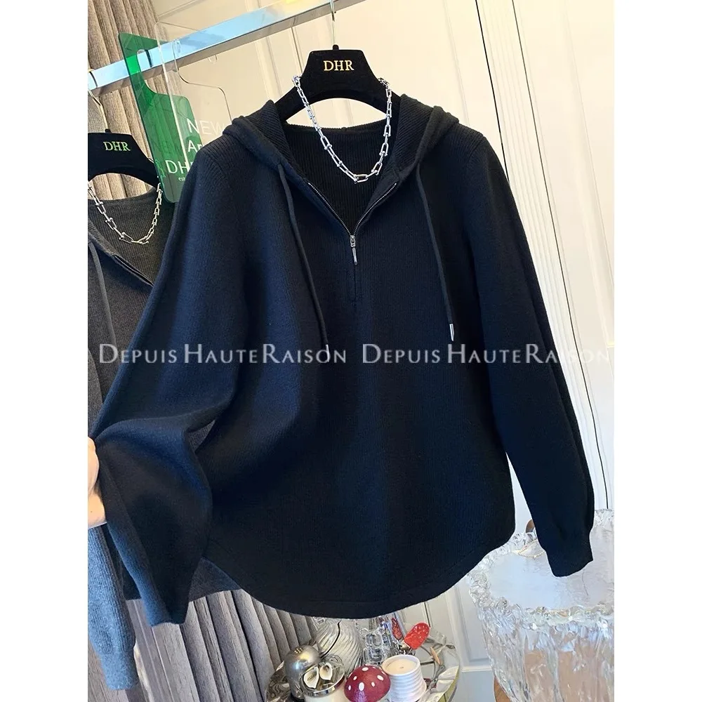 Plus-Size Korean-Style Pure Alluring Half-Zip Hooded Long-Sleeve T-Shirt For Women, New Spring And Autumn Loose-Fit Large-Size
