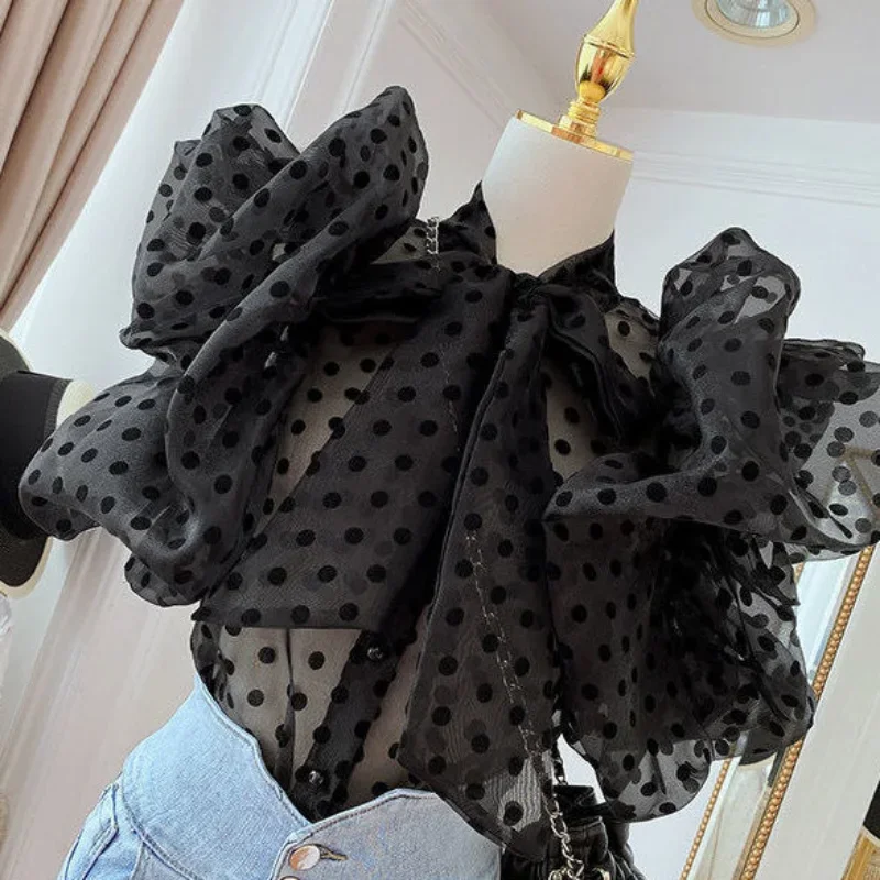 Ruffle Puff Sleeve Black Polka Dot Shirt Women Vintage Blusa Bow Lace Up Lantern Transparent New Blouse Top 2024