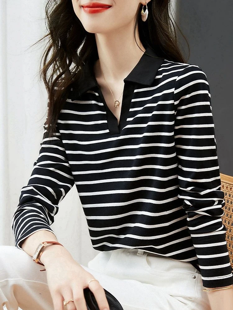 

Premium Cotton Polo T-Shirt Women Embroidered Floral Print Long Sleeve Autumn Fashion Slim Fit Tops