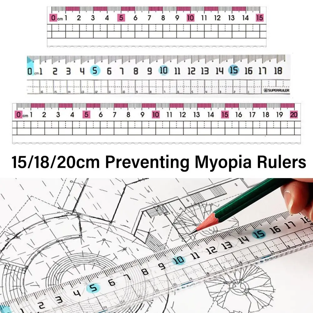 Régua Transparente Portátil, Simples, Prevenindo Miopia, Réguas Retas com Linha Ondulada, Ferramenta de Medição de Desenho Matemático, 15 cm, 18 cm,