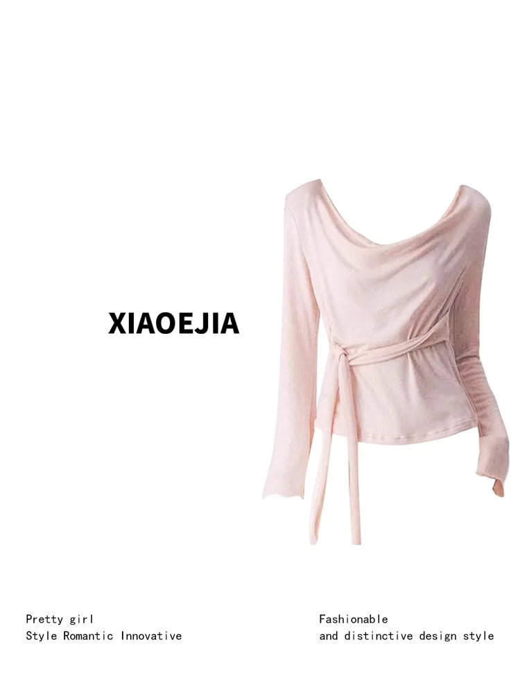 Women Pink Torn T-shirt Harajuku Korean Y2k Tees Top Vintage 90s Aesthetic Long Sleeve T-shirt 2000s Trashy Fashion Clothes