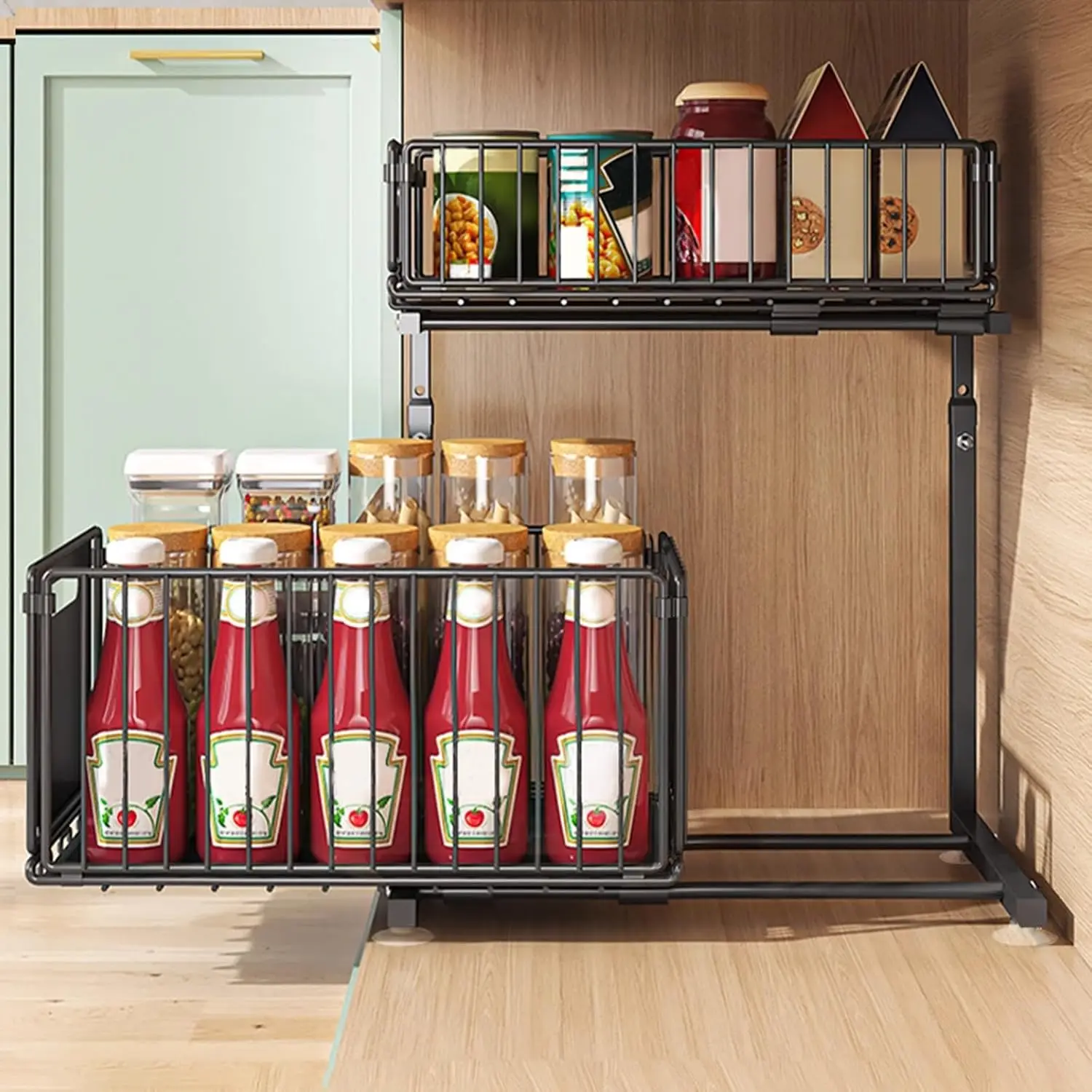 Under-sink storage, height-adjustable, pull-out under-sink organizer, organizer with sliding mesh drawers, 2-tier pull-out metal shelf, kitchen cabinet shelf