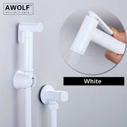 Awolf Solid Brass Hygienic Shower Head White Handheld Toilet Bidet Sprayer Set Filling Valve Anal Shower Shattaf System AP2287