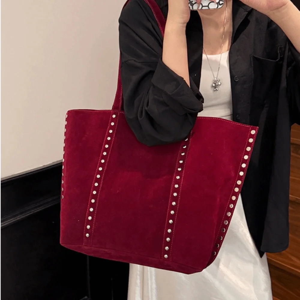 Korean Style Suede Rivet Tote Bag PU Leather Stud Decorative Matte PU Handbag Brown Solid Color Suede Leather Shoulder Bag Women