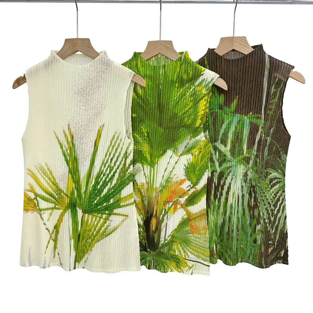 Fold Miyake Pleated Sleeveless Top Women Tropical Leaf Print High Neck 2026 Summer Vacation Beach Trendy Graceful Wardrobe Piece