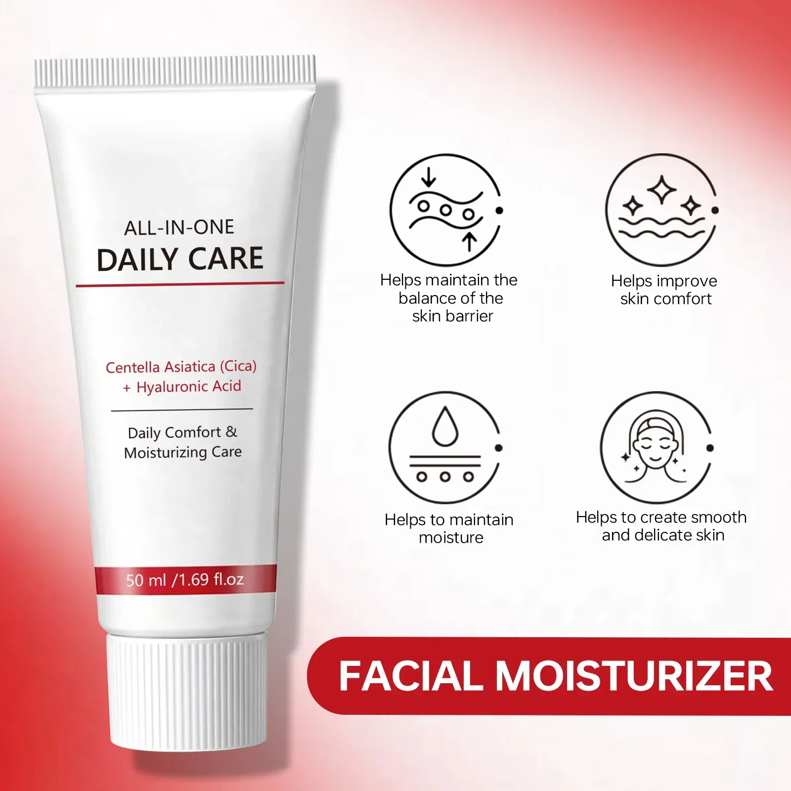 All-in-One Daily Care Facial Moisturizer 50ml - Centella Asiatica & Hyaluronic Acid, Soothing，Hydrating Face Cream for All Skin.