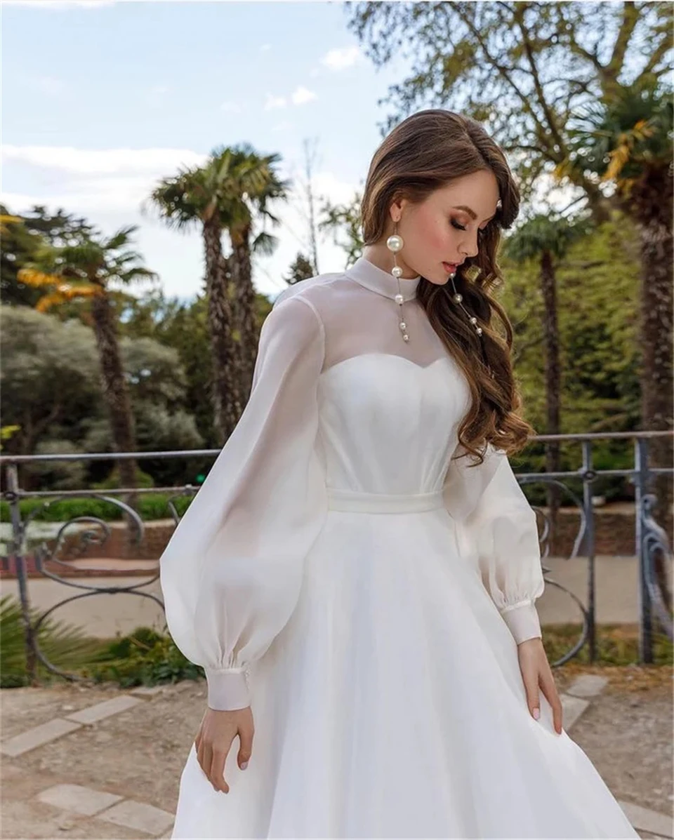 Elegante A linha Chiffon Vestidos de Casamento, Gola Alta, Mangas Completas, Trem Tribunal, Pavimento, Vestidos De Noiva, Arco, 2024