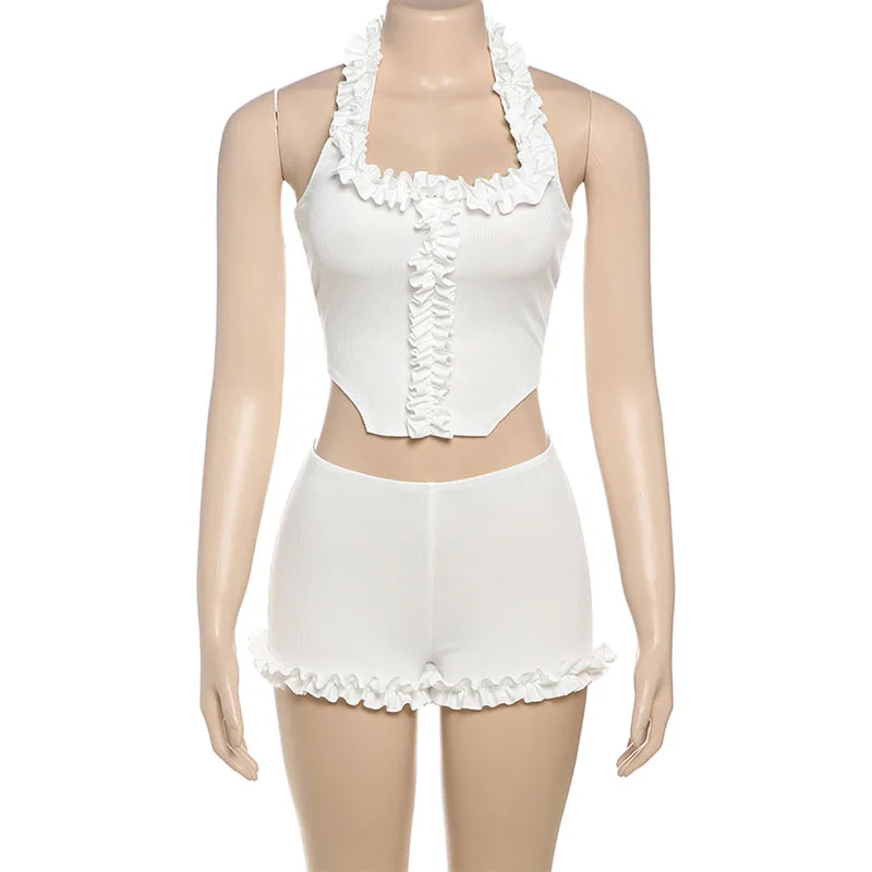 Combhasaki Women Summer 2Pcs Outfits Set Ruffle Frill Trim Halter Deep Square Neck Crop Top +Elastic Low Waist Slim Lifty Shorts