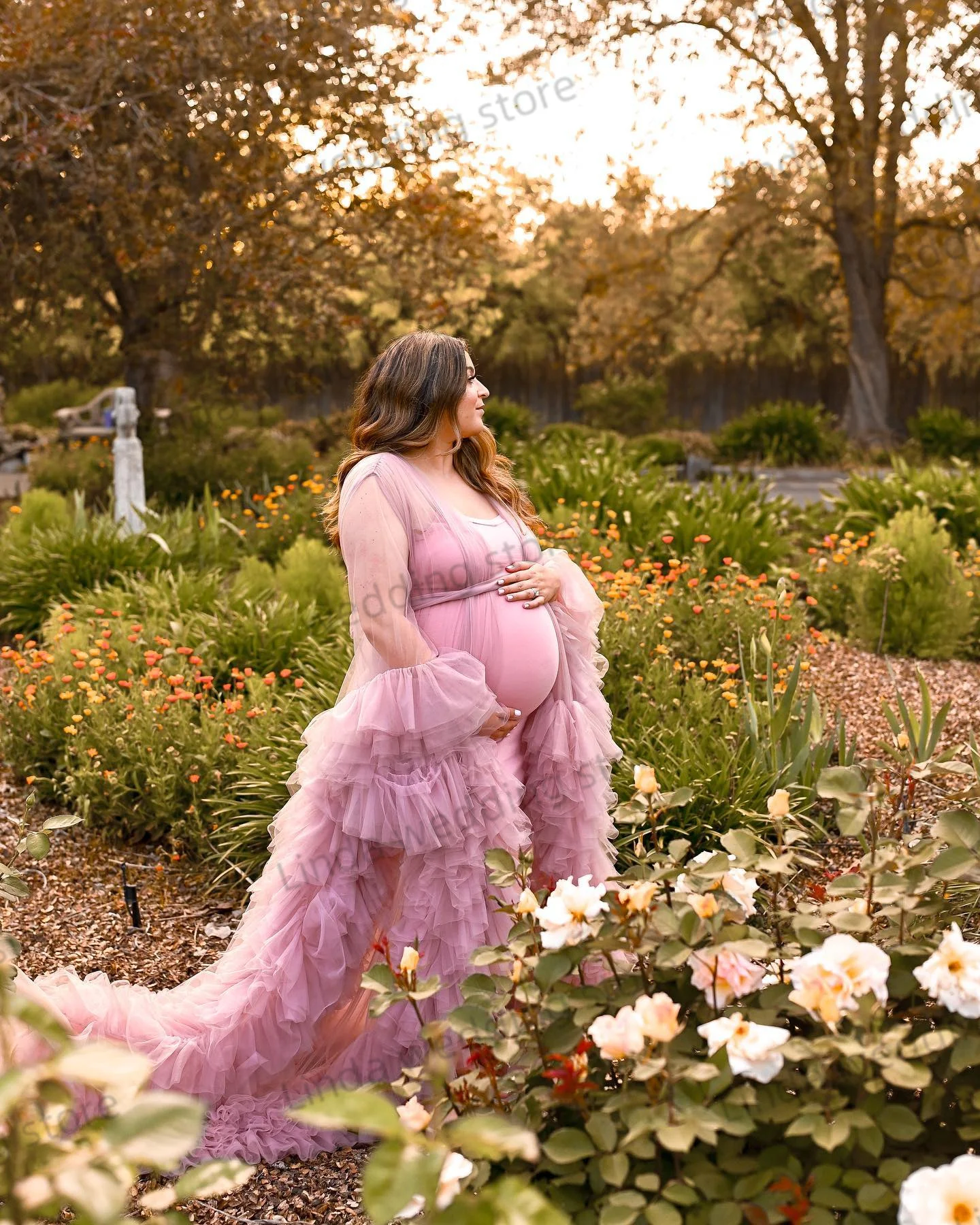 Iluzja różowe sukienki ciążowe na zdjęcie Ruffles z długim rękawem Grils rozcięcie suknie na baby shower ładne suknie ślubne dla nowożeńców