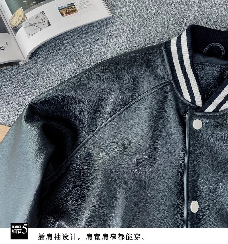 American Loose Genuine Leather Jacket Men\'s Casual Leather Outwear Raglan Sleeve Baseball Uniform First Layer Cowhide Jacket Heavy Genuine Leather