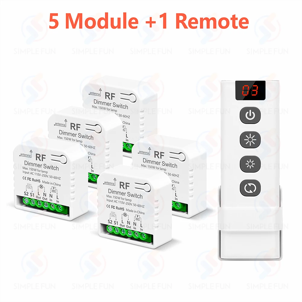 433 MHz kabelloser Dimmer-Lichtschalter, AC 110 V, 220 V, 230 V, dimmbares Schaltermodul, 5-in-1-Fernbedienung, für 10–150 W LED-Lampe, Halogen-Dimmung