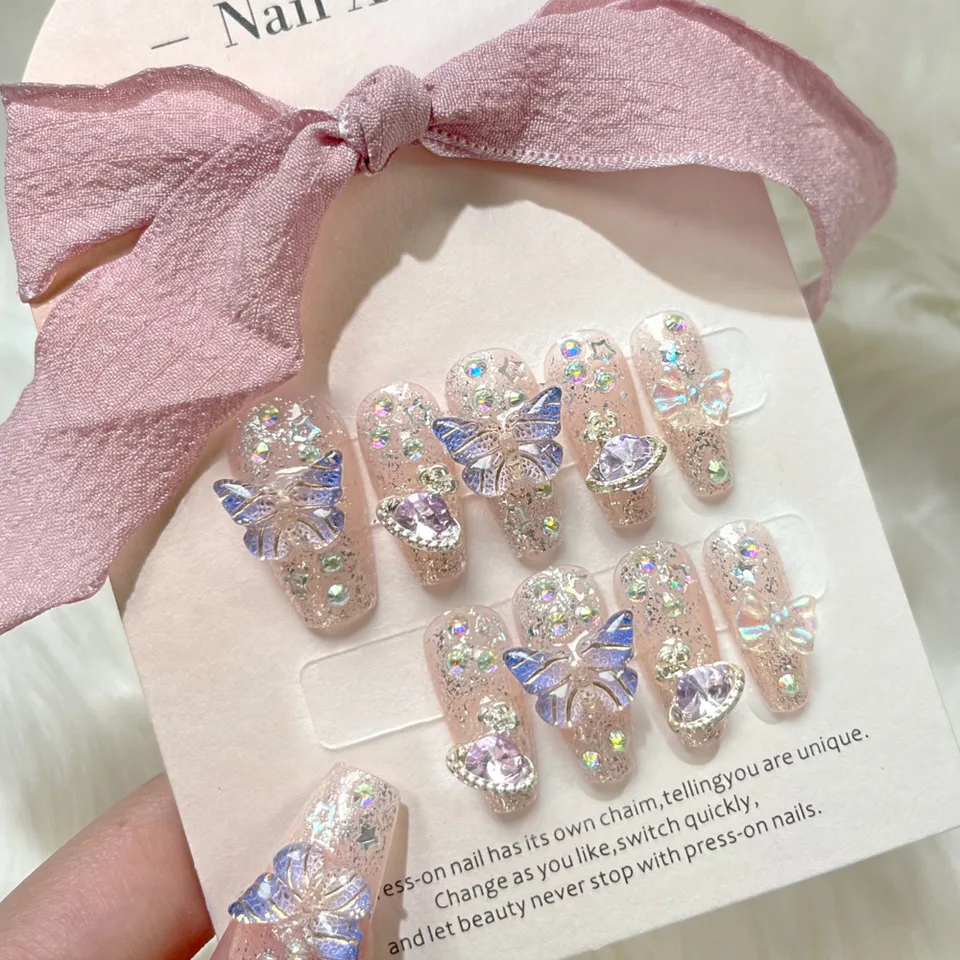 10 piezas de uñas de presión hechas a mano de lujo ligero, uñas brillantes de planeta aurora, mariposa púrpura y planeta, removibles 2