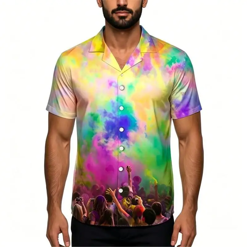 Camisa Colorida Estilo Havaiano de Verão para Homens e Mulheres, Estampa Tie Dye Arco-Íris, Manga Curta, Blusa Casual de Praia Solta com Botões