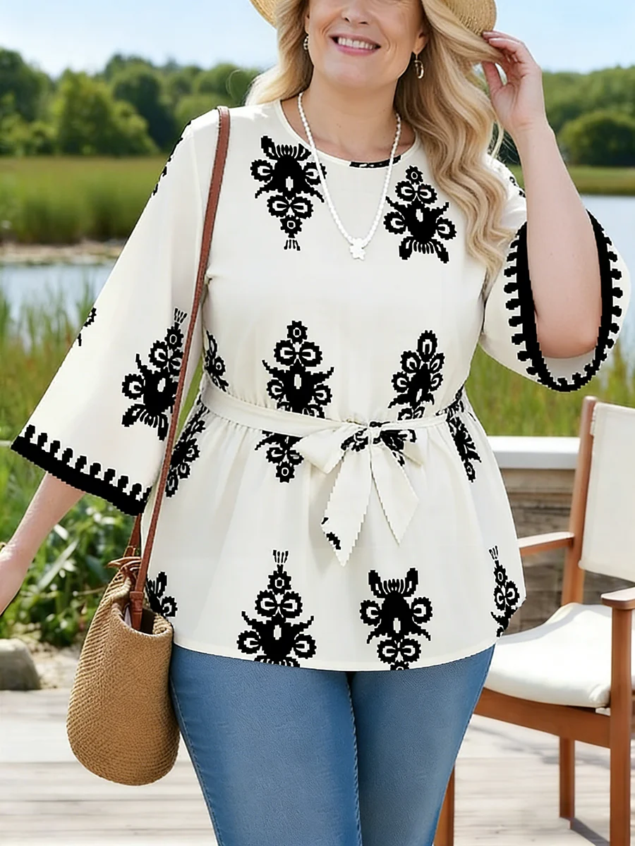 

Женская футболка больших размеров с круглым вырезом и рукавом 3/4, свободного кроя, с принтом, в стиле бохо, для весны и лета, повседневная, пляжная, легкая