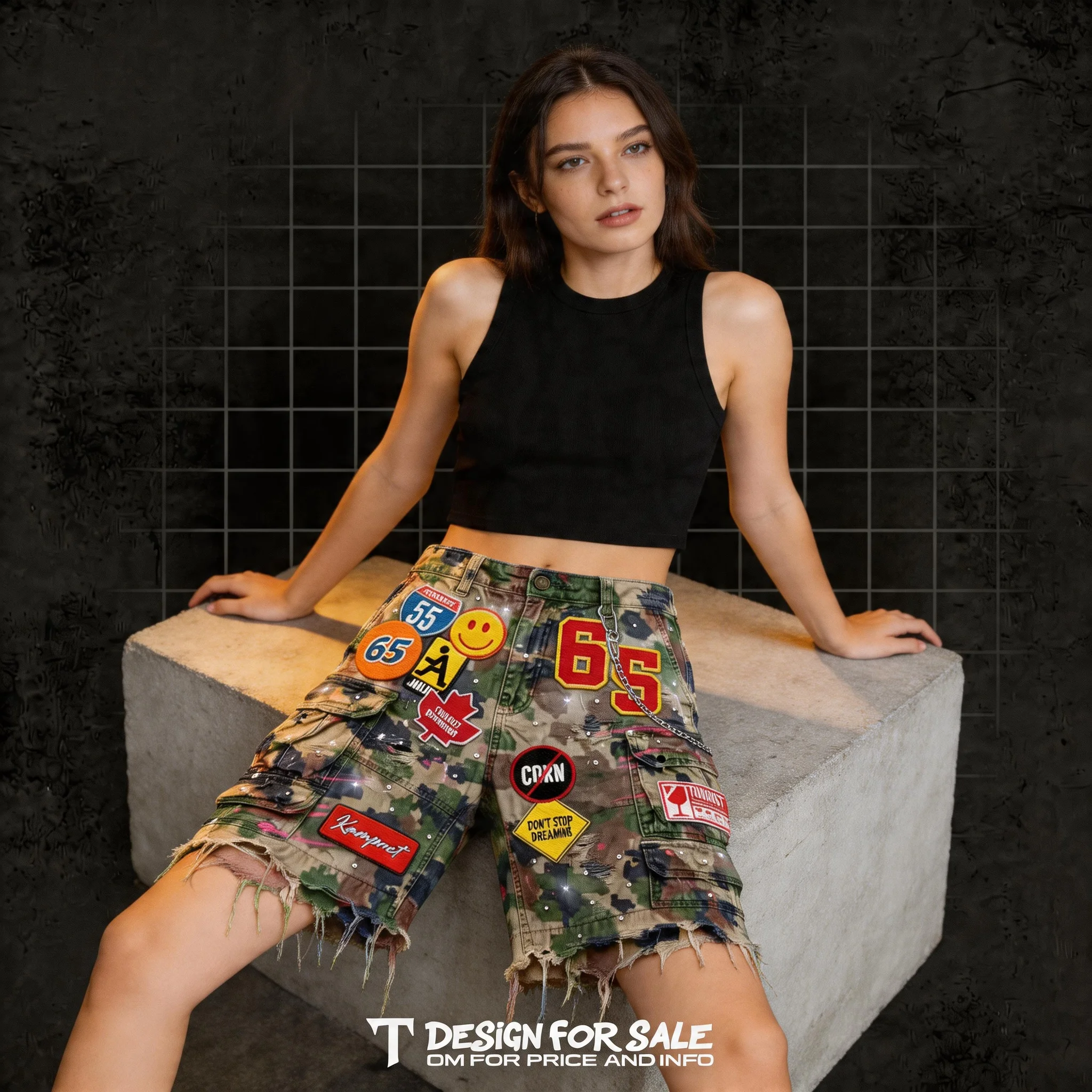 

Y2k American Camouflage Patchwork Denim Shorts Jeans Women Hip Hop Cartoon Pattern Loose Retro High Street Fitness Casual Shorts