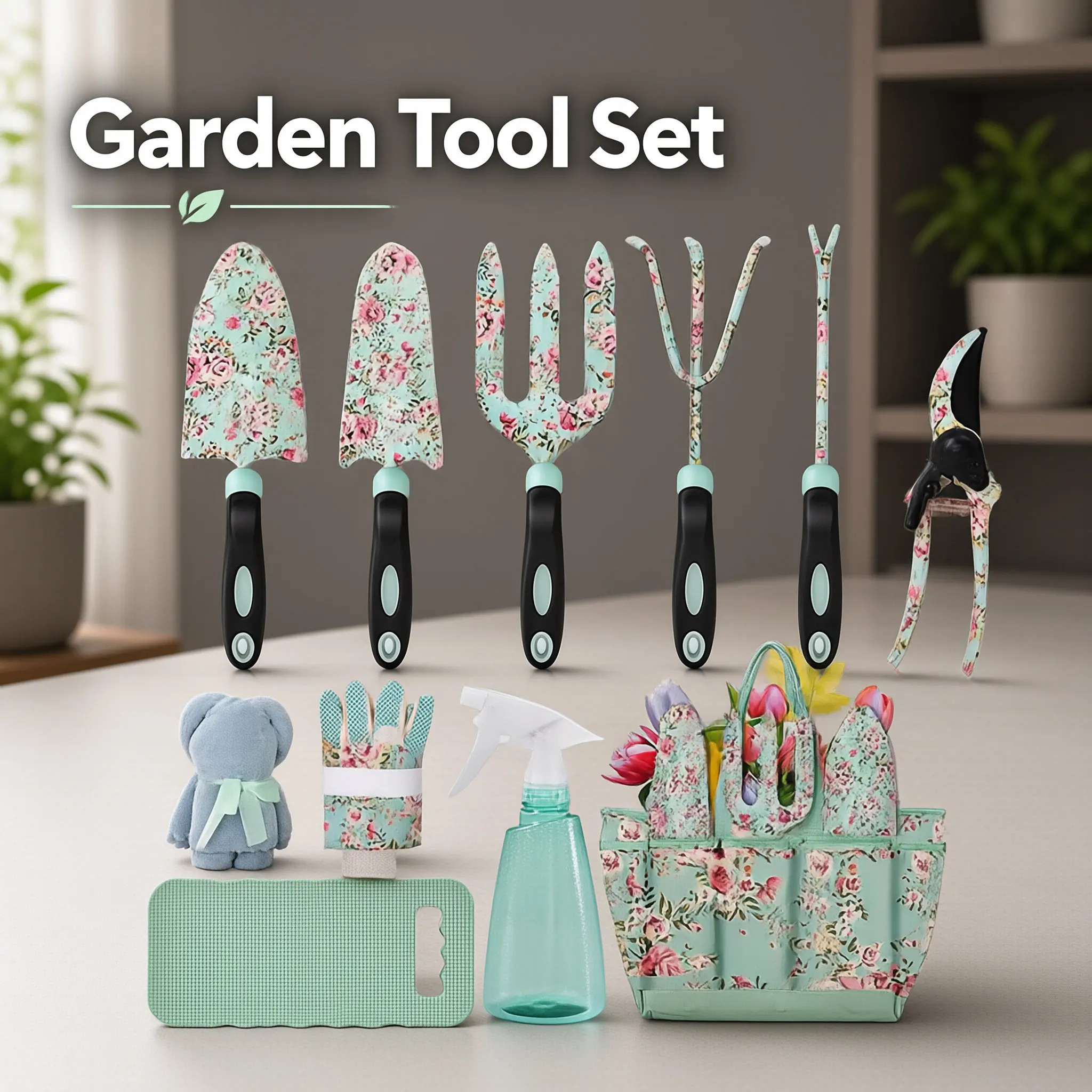 Gardening Tool Set with 11 Functional Pieces Including Three Pronged Rake Two Pronged Rake and Single Pronged Rake
