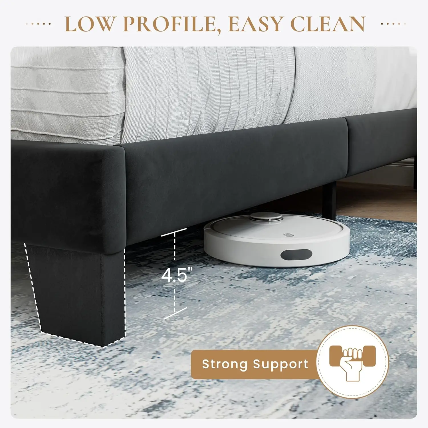 King Platform Bed Frame with Velvet Headboard, Strong Wooden Slats Support, No Box Spring Needed, Black