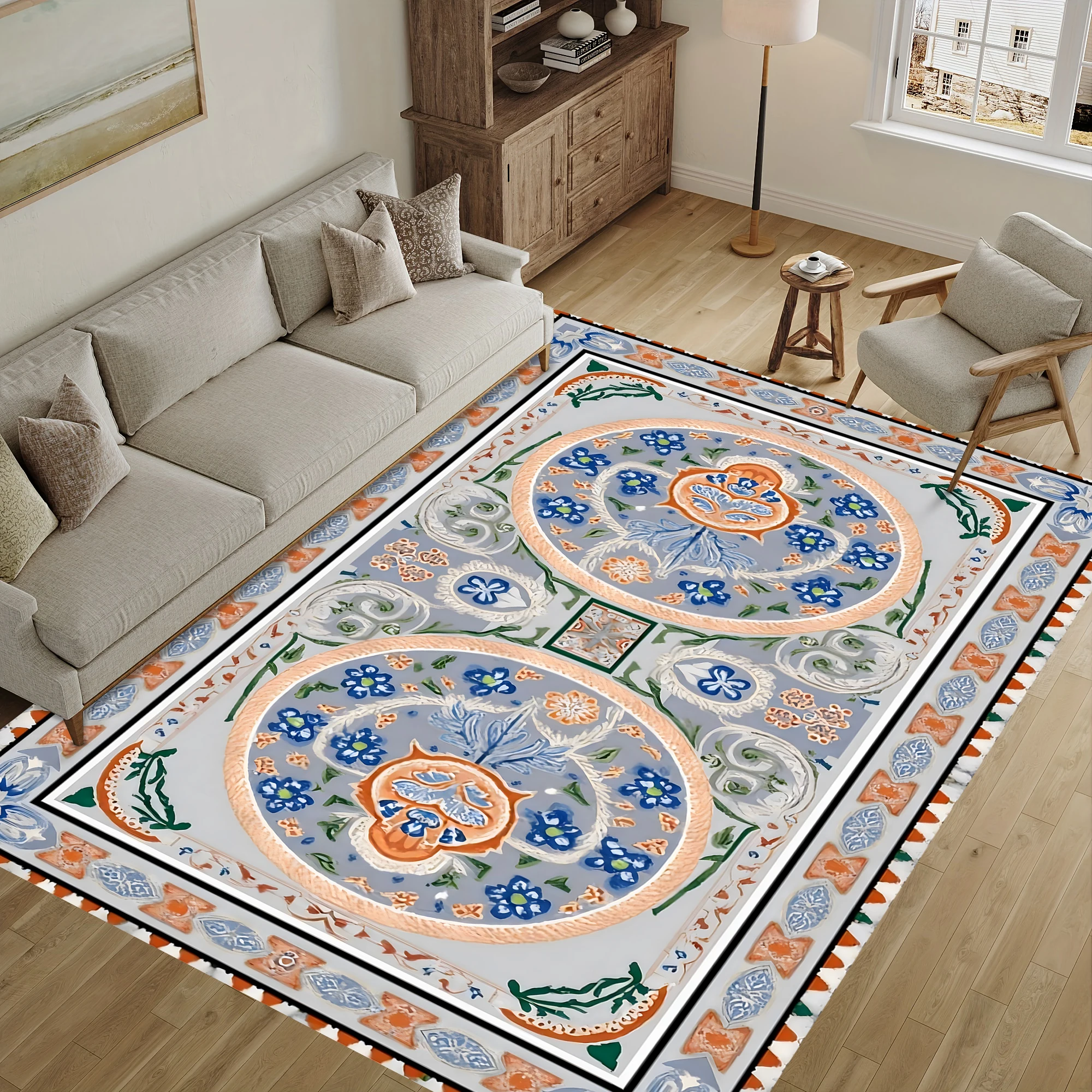 2D Retro Double-Ring Floral Pattern Carpet, Suitable for Living Room and Bedroom, Instantly Refreshes Autumn and Winter Decorations