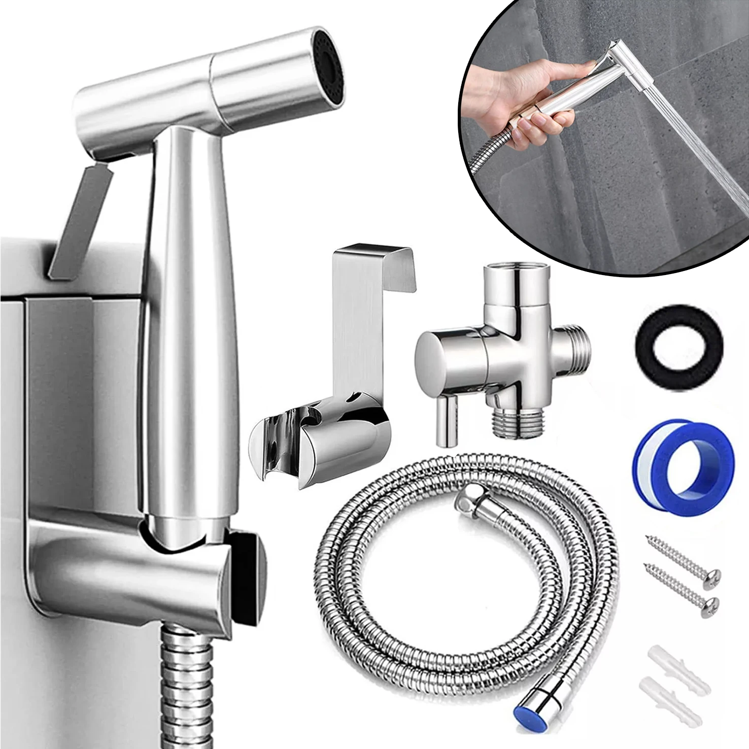 Bidet-Sprühkopf für die Toilette, Handgerät, einstellbarer Wasserdruck, Bidet-Aufsatz für die Toilette, einfache Installation, hochwertiger Edelstahl, langlebige Innenteile, auslaufsicheres Design.