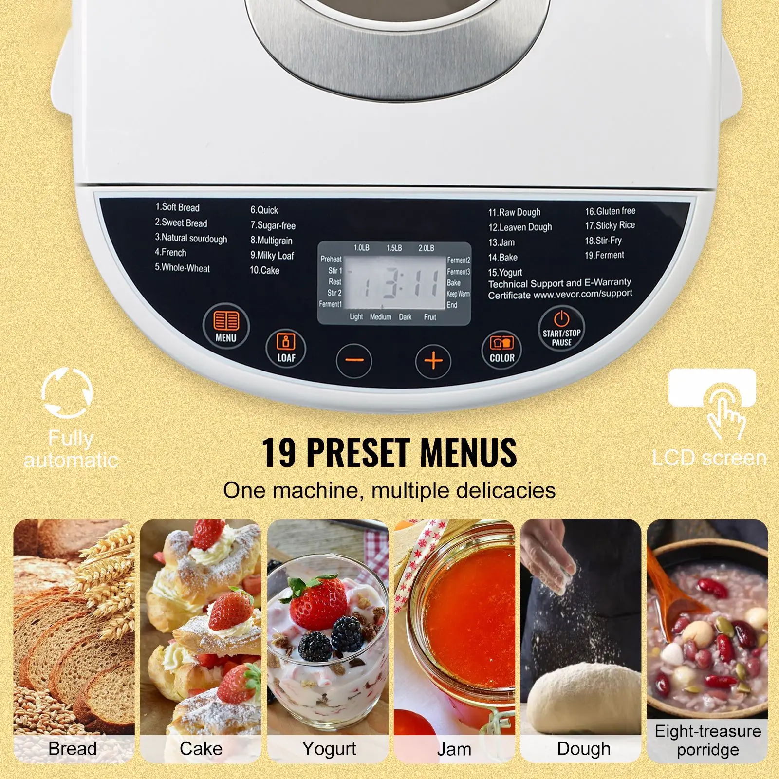 Bread Maker, 19-in-1 2LB Dough Machine, Nonstick Ceramic Pan Automatic Breadmaker with Gluten Free Setting, Whole Wheat Bread Ma