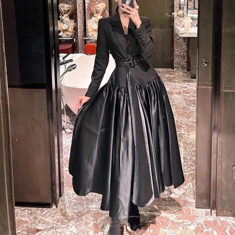 

Черное элегантное женское платье в стиле пэчворк с зубчатым воротником и длинными рукавами, винтажная одежда, деловая уличная одежда, вечерние платья, облегающее платье