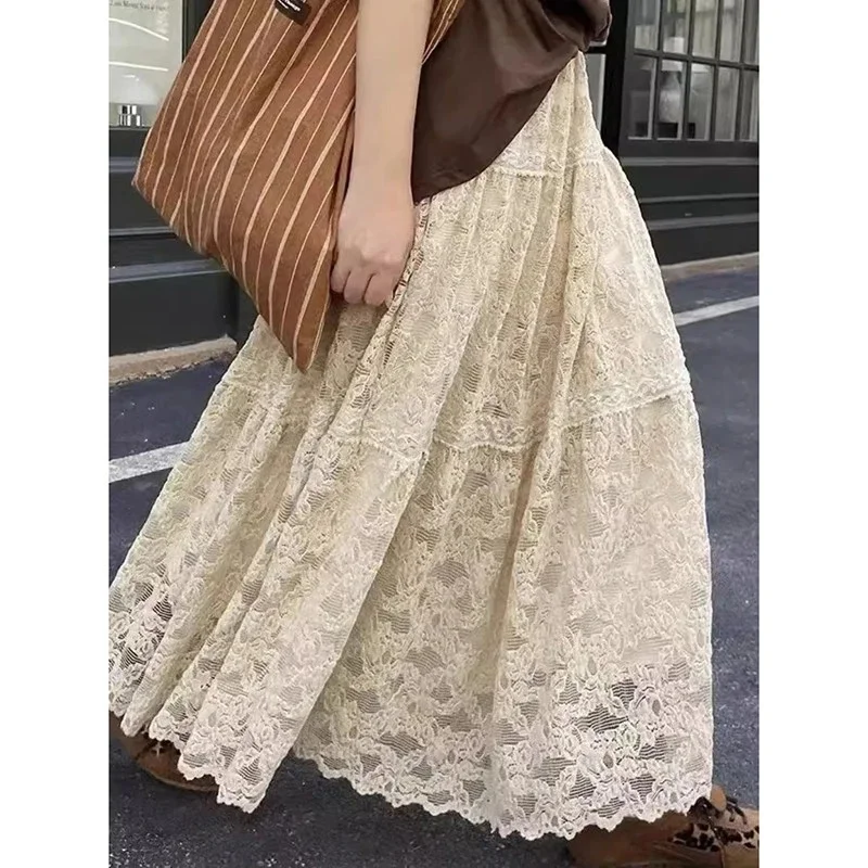 

Новая французская кружевная юбка с цветочным крючком, женская элегантная милая лоскутная юбка трапециевидной формы, однотонные свободные юбки-зонтики, длинные вечерние юбки