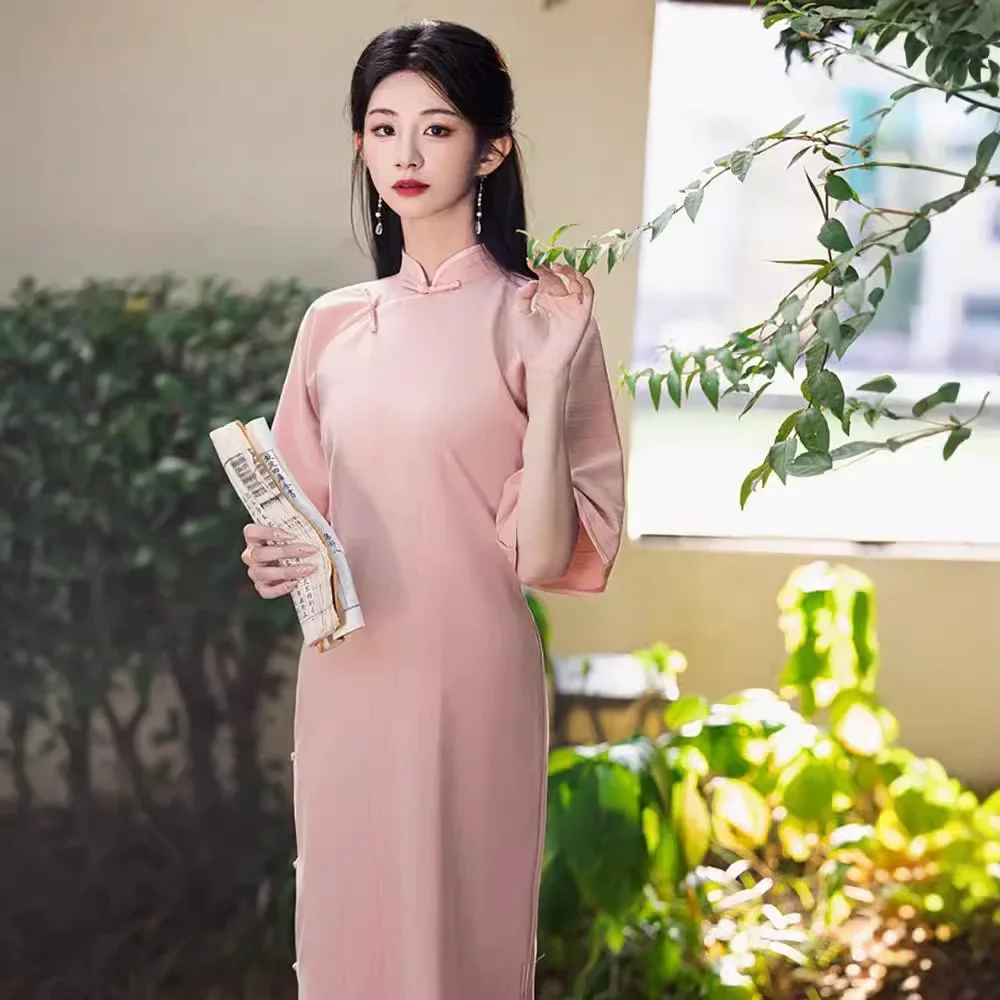 

Элегантное розовое платье Cheongsam с перевернутым большим рукавом в стиле ретро, осень 2023, новая традиционная китайская коллекция, улучшенное платье Ципао