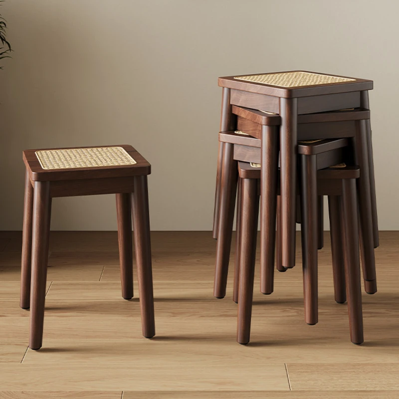 Solid Wood Dining Stools Stackable Square Shoe Bench for Home Dining Room Guest Seat  Rattan Weave Vanity Stool for Bedroom