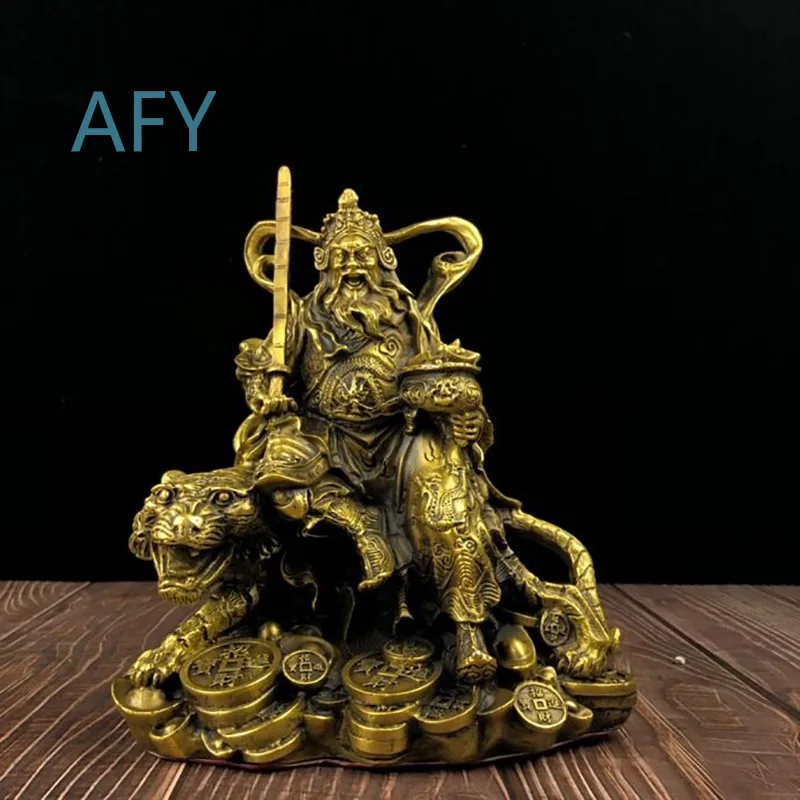 Brass Buddha Statue of Zhao Gongming Riding Tiger for Home Living Room Decoration Brass Wealth God Figurine Gift