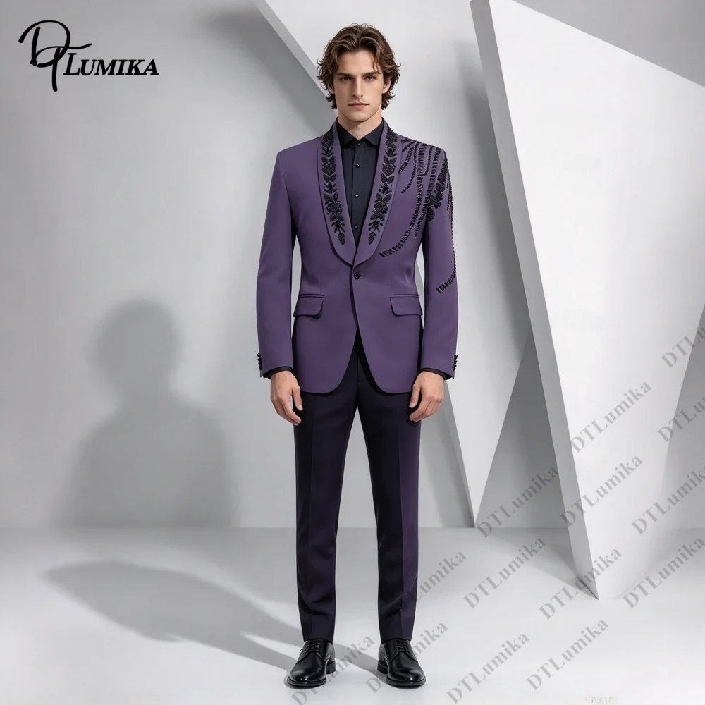 Embroidered Formal Suit for Men Shawl Lapel Men Tuxedo 2 Piece Tailored Dinner Outfit for Wedding Guest Prom, Stage Performance