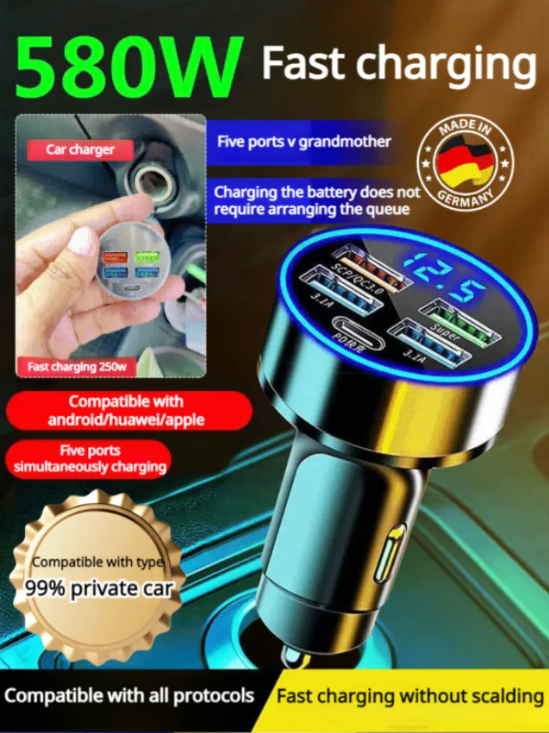 

One Tow Four Car Charger With Halo Digital Display Fast Charging For Drivers Home Business Travel Phone Charging