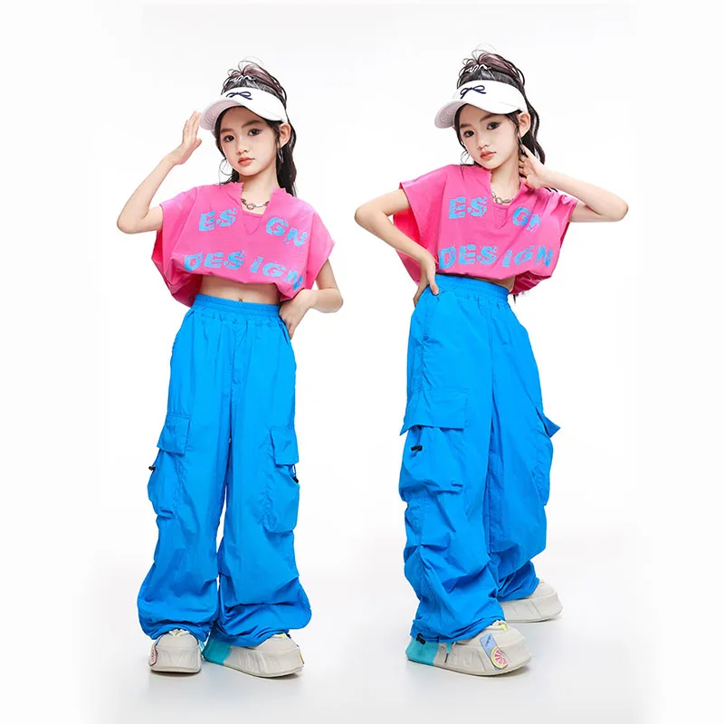 

Kid Kpop Hip Hop Clothing Rose Stretch Hem Crop Top T Shirt Blue Casual Cargo Pants for Girls Jazz Dance Costumes Wear Clothes