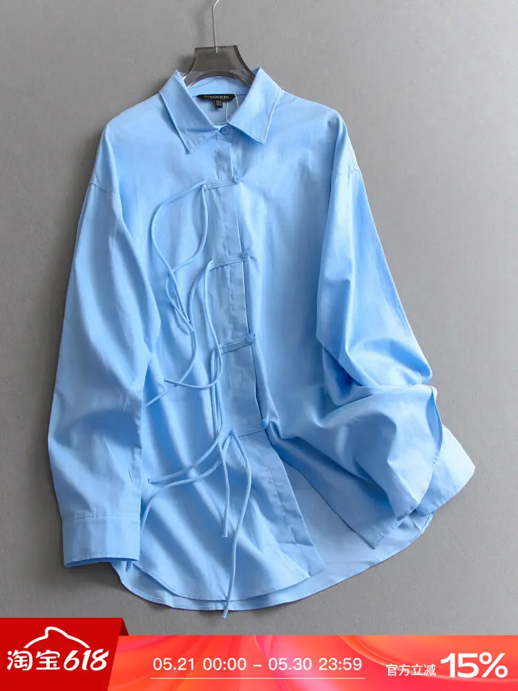 SuperAen Chinese-style Linen Loose Mid-length Solid-color Polo Collar Sun-protective Shirt Long-sleeved Bow Single Breasted Tops