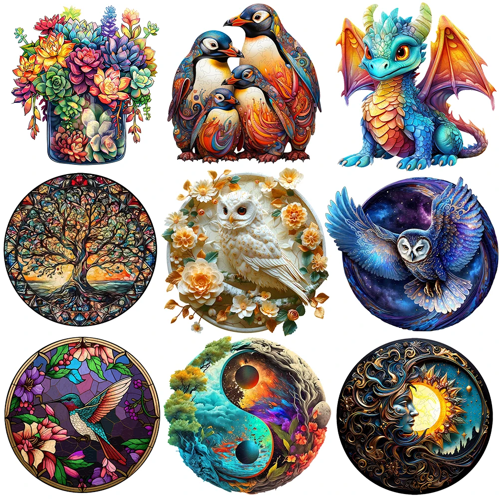 Kreatywne drewniane puzzle dla dorosłych - sowa, pingwin, drzewo szczęścia - nieregularne klocki - zabawne gry na imprezy festiwalowe,