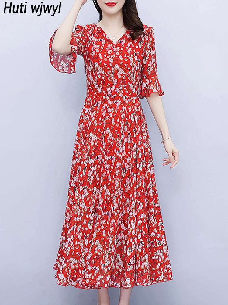 

Summer Red Floral Chiffon Chic Midi Prom Robe Women Casual Vacation Boho Beach Long Dress 2024 Elegant Bodycon Party Night Dress