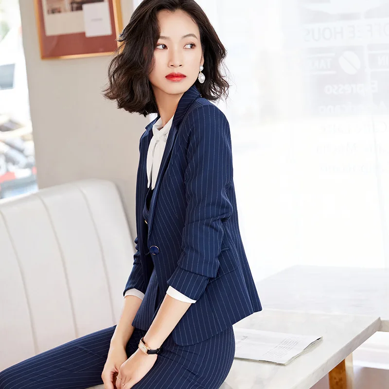 Fashion Striped Formal Business Suits Women Professional Office Work Wear Blazers Autumn Winter Career Interview Outfits